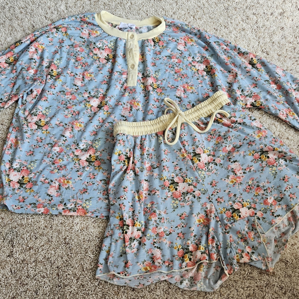 Annie Floral Blue Sleep Set with Cream Trim